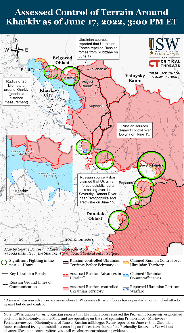 Институт изучения войны (США) публикует карты боевых действий в Украине на 18 июня