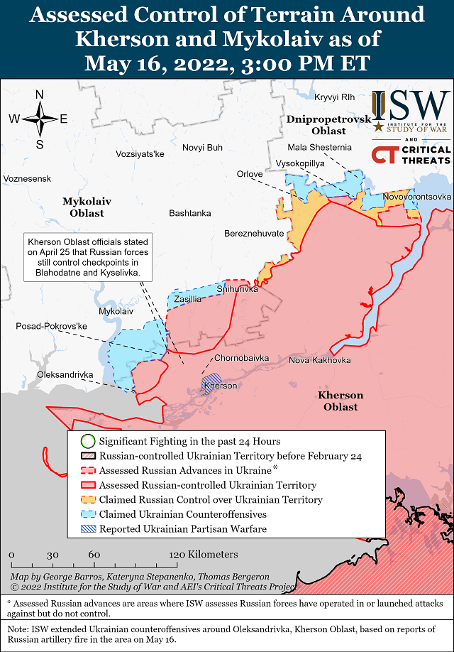 Карта боевых действий в Украине на 17 мая (Институт изучения войны США)