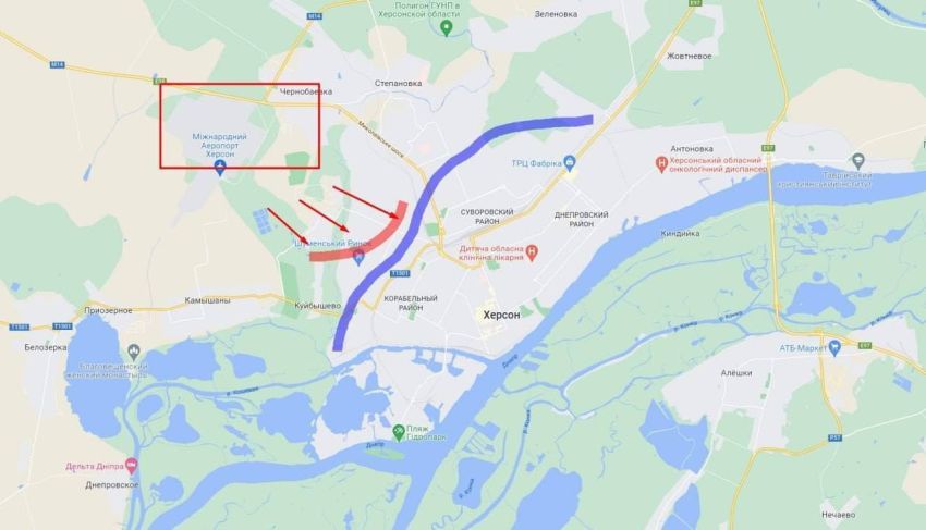 наступление россиян в Херсоне  пойдет в сторону трассы на Николаев (она близко к аэропорту) и кольца возле хладокомбината.